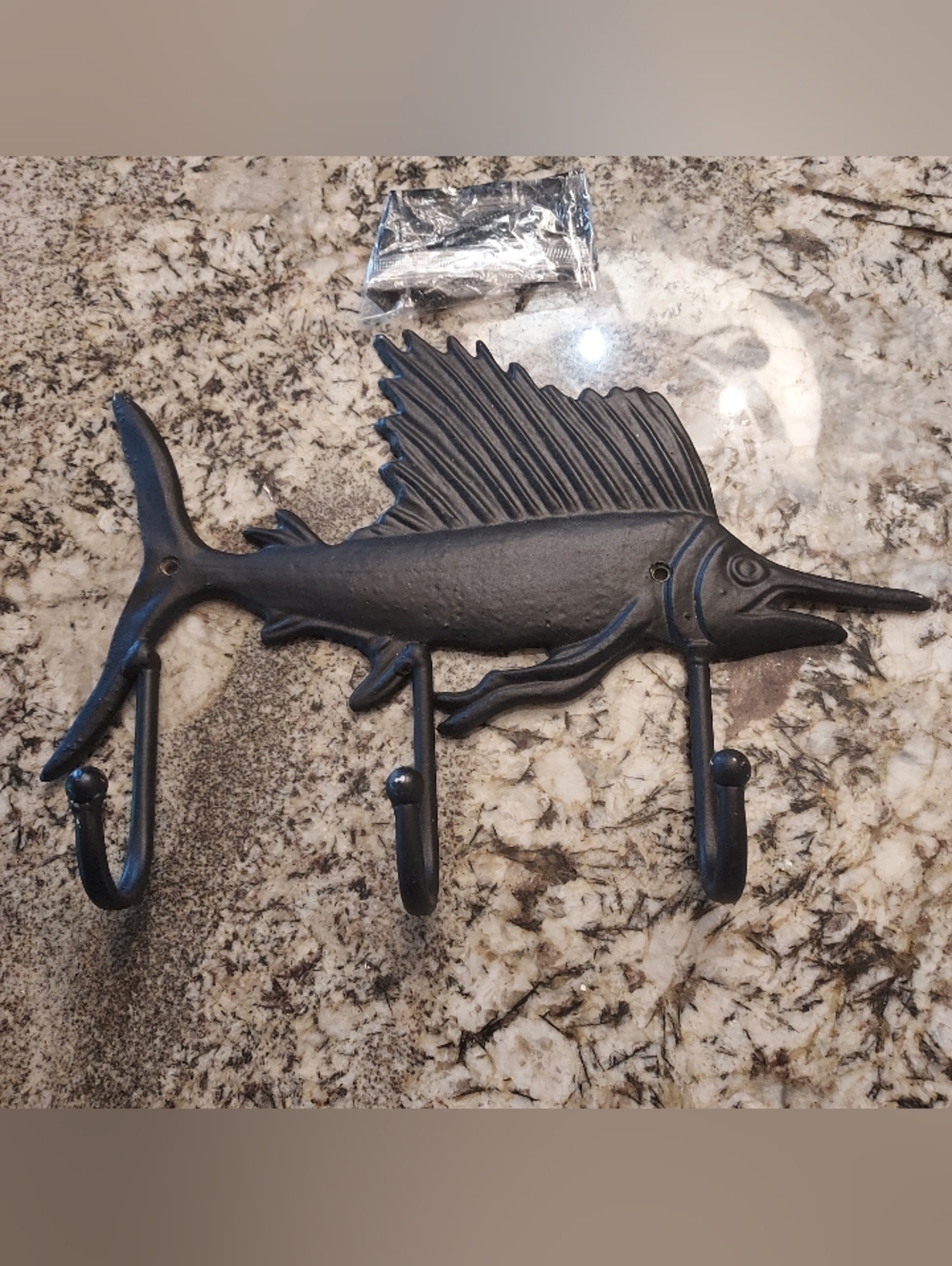 Brand Metal Sailfish Wall Hook Rack in Black w Wall Screws. 12"
